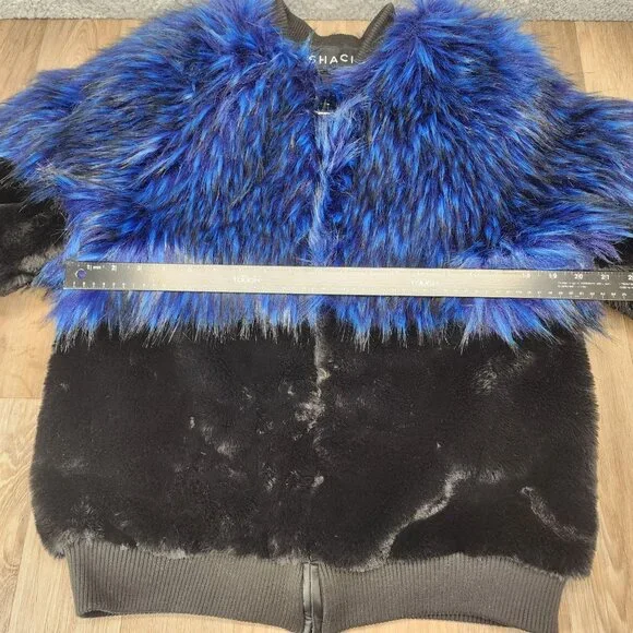 Shaci Blue Women's Size Medium Blue Black Faux Fur Monster‎ Bomber Jacket - Picture 12 of 15